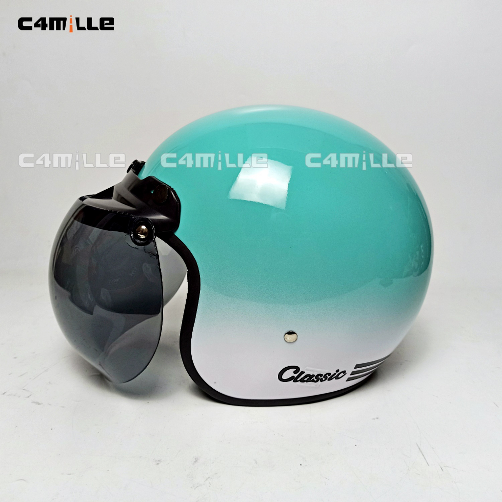 HELM BOGO TUTON CLASSIC TOSCA GLOSS WHITE BLACK HALF FACE RETRO SNI