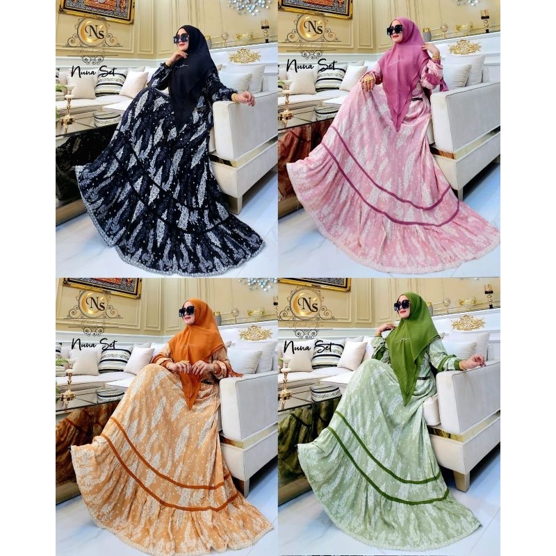 Nuna Set vol 2 by Nais - Gamis Set Khimar Rayon Motif Salur List Pita Busui