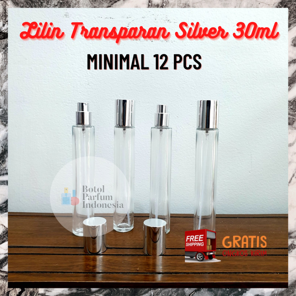 BOTOL PARFUM LILIN TRANSPARAN SILVER 30ML DRAT PUTAR - BOTOL PARFUM KOSONG LILIN TRANSPARAN SILVER -