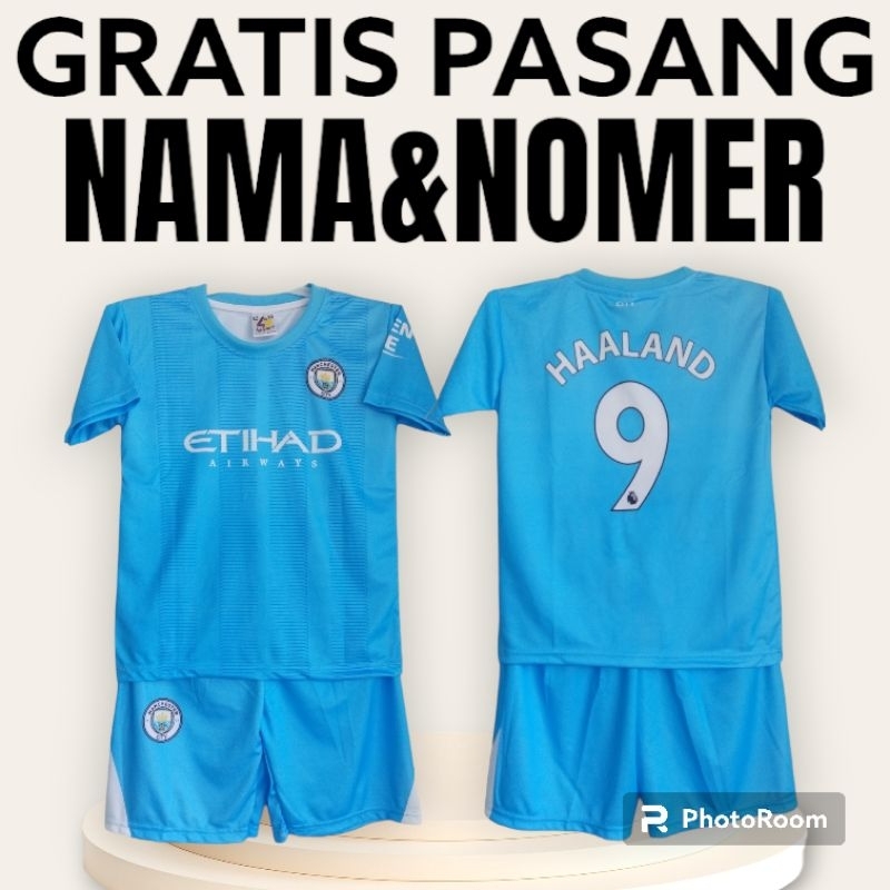 setelan Jersey M.CITY HAALAND/SETELAN BAJU BOLA ANAK LAKI LAKI/GRATIS SABLON NAMA DAN NOMER PUNGGUNG JERSEY M.CITY SIZE XL UMUR 10-11 THN