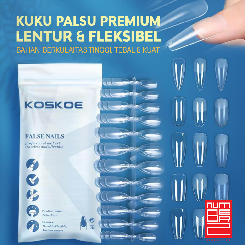Kuku palsu koskoe sepasang set bening polos jernih transparan clear  panjang pendek besar kecil tebal elastis untuk wisuda wedding nail art lucu canntik elegant aesthetic estetik runcing round oval lancip glossy doff