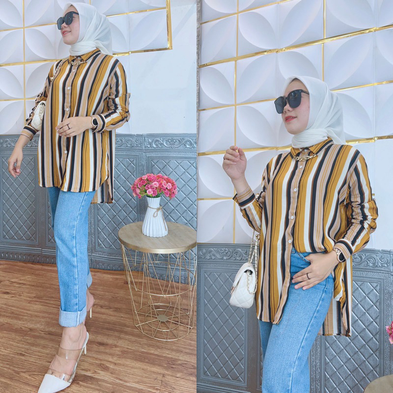 Kemeja Salur Wanita Tunik Blouse Oversize Jumbo Size Pakaian Stripe Shirt