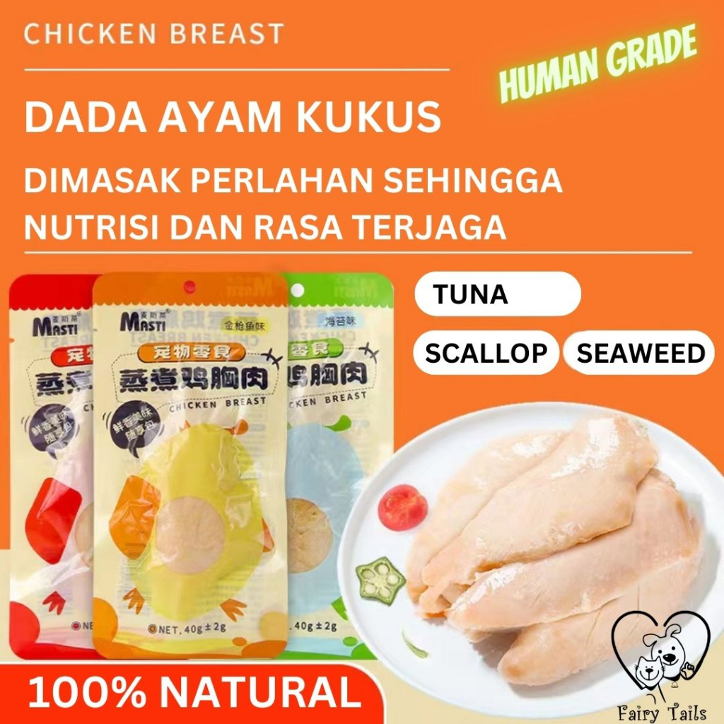 Dada Ayam dan Ikan Seafood Rumput Laut Siap Makan 40g - Steam Cooked Ready To Eat Chicken Breast Tuna Scallop Seaweed / Pet Treat / Snack Cemilan Untuk Anabul Anjing dan Kucing