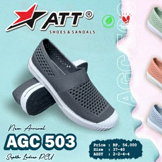 Sepatu Slip On Wanita ATT ASL 503 Hitam Bahan Karet Elastis Model Tanpa Sambungan Sepatu Flat