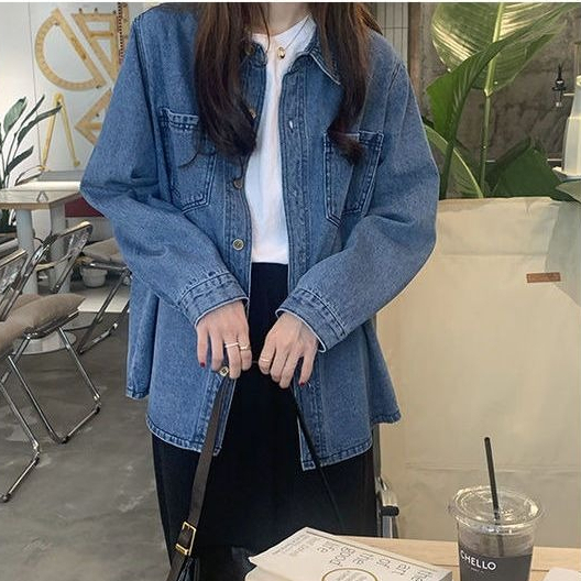 Jacket Denim Longgar Kerah gaya Korea Baru Wanita Yang Longgar