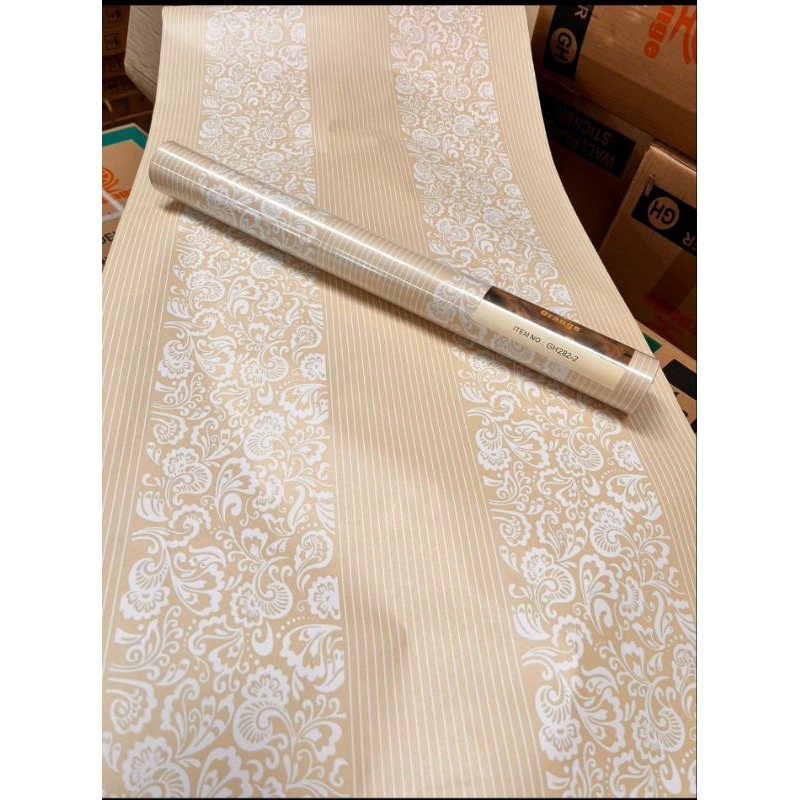 Wallpaper sticker dinding motif salur bunga 45cmx10m gh282-1 embos salur polos