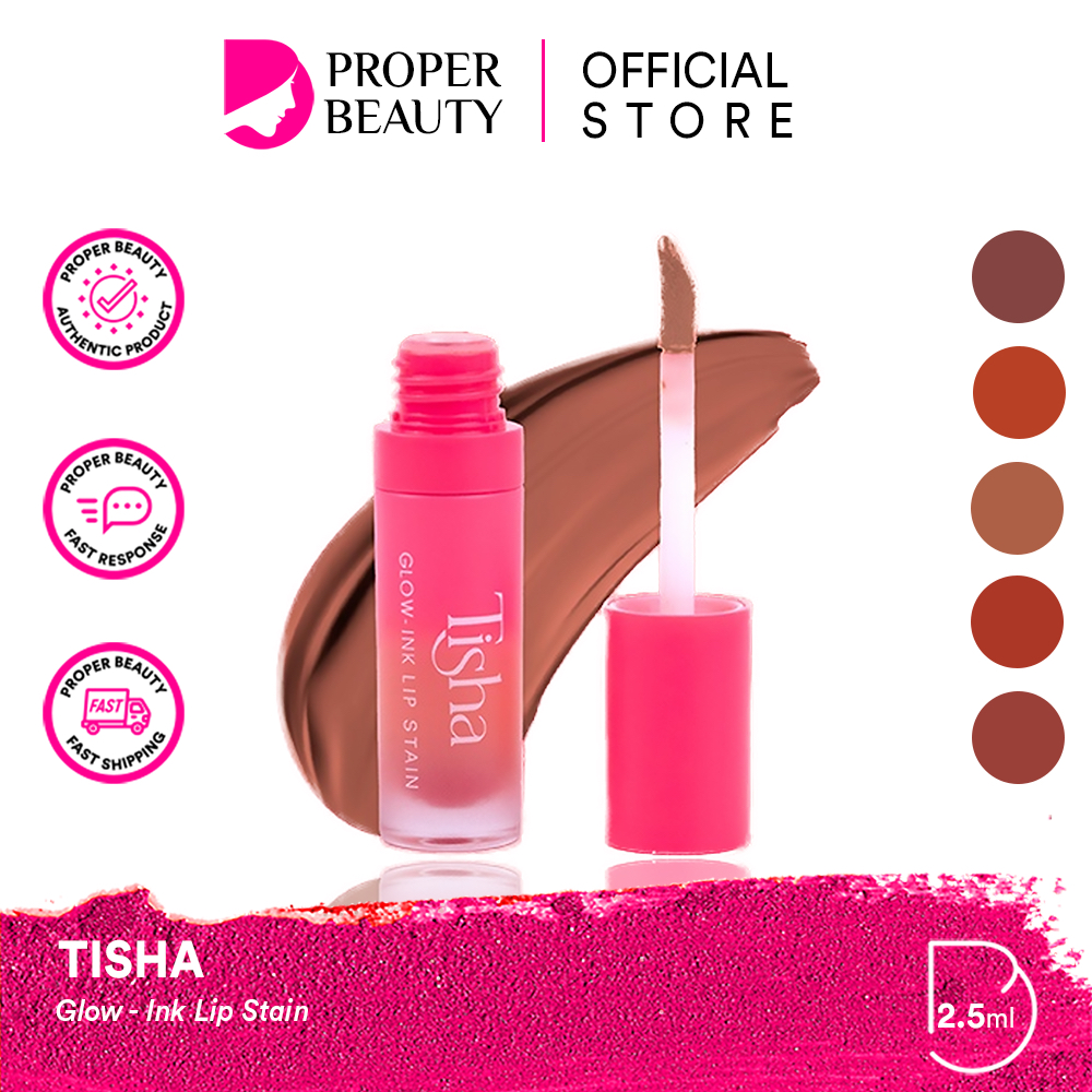 TISHA Glow - Ink Lip Stain Indonesia / 2.5ml / Triple Moisturizer Marula Oil Vitamin E / Transferproof Bare Lip Sentation Tahan Lama Natural / 01 Red 02 Velvet 03 Orange 05 Peach 06 Pink / Cosmetic Makeup Lips / Lipstick Lipstik Liptin Tin Devotion Cream