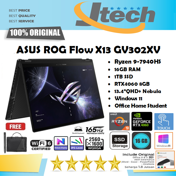 ASUS ROG Flow X13 GV302XV - Ryzen 9-7940HS - 16GB - 1TB SSD - RTX4060 8GB - 13.4&quot;QHD+ IPS Touch 165Hz - W11 - OHS