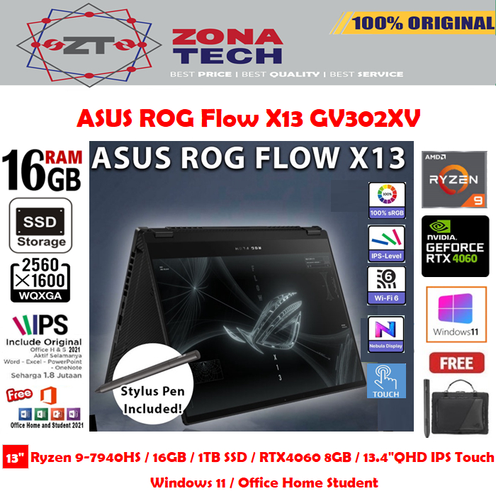 ASUS ROG Flow X13 GV302XV - Ryzen 9-7940HS 16GB 1TB SSD RTX4060 8GB 13.4&quot;QHD+ IPS Touch W11 OHS