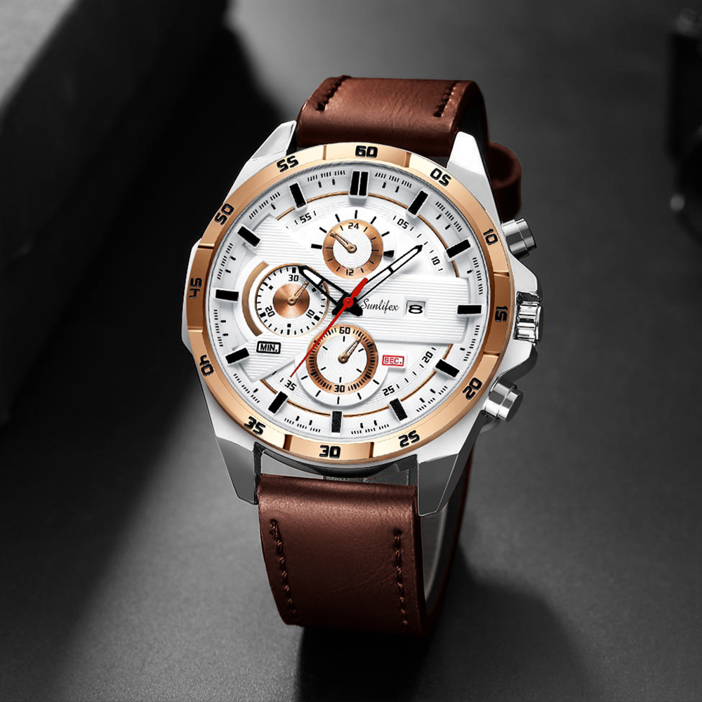 Sunlifex Jam Tangan Pria 9091 Kuarsa Tali Kulit Olahraga Mode Kalender Jam Tangan Cowok-8