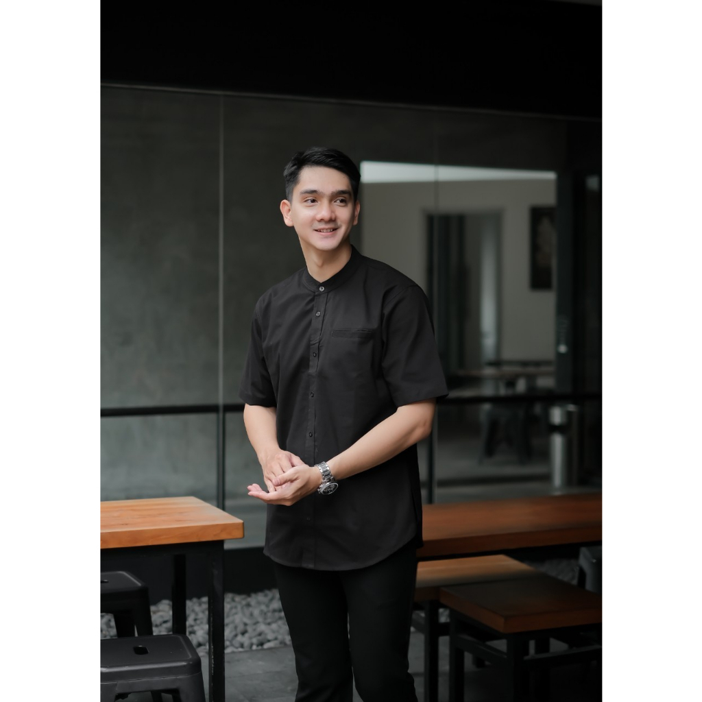 NESS baju muslim pria lengan pendek pakaian lebaran Kemeja Koko kurta dewasa premium terbaru 2023 Alvaro HITAM