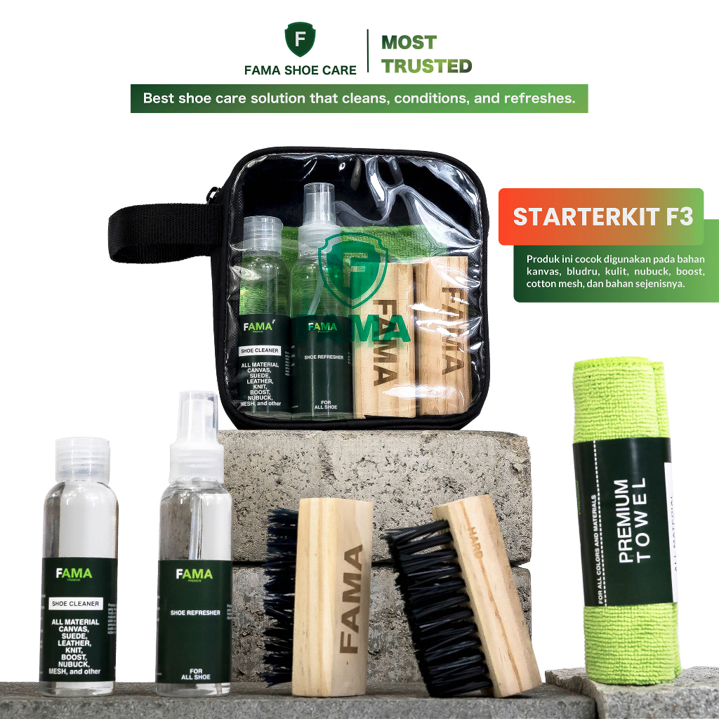 Fama-Starterkit F3-Bonus Tas-Kualitas Premium-Paket Cuci Sepatu|Paket Laundry Sepatu|Fama Shoe Cleaner|Shoes Cleaner