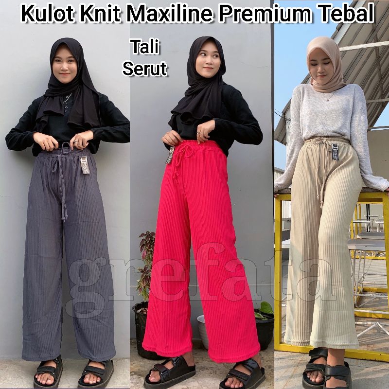 Celana Panjang Wanita Kulot Knit Maxiline Hw Hight Waist Pinggang Tali Serut / Loose Cullote Knits Import Tebal Dan Melar All Size L/XL Bb 40kg Sampai Bb 60kg / Daily Kulot Long Cullote Knitted / Jeni Cullote Grefata