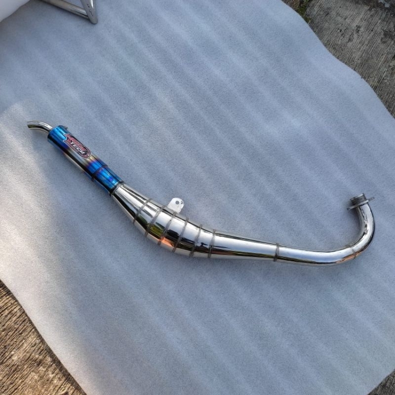 Knalpot RX King Model Samping (bukan kolong) Full Chrome ujung biru