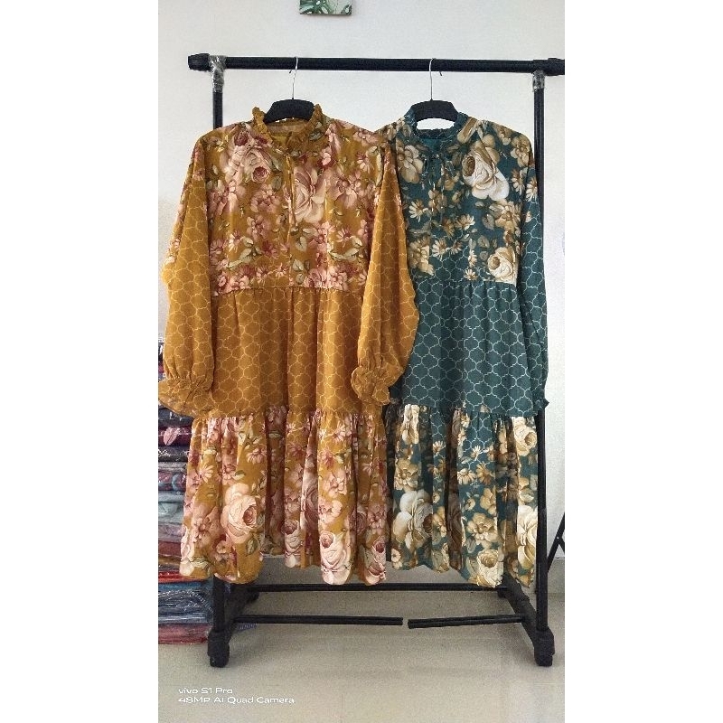 Atasan TUNIK ceruty Babydoll WANITA ; TUNiK CERUTY MOTIF BUNGA Rempel serut tengah ; TUNIK TERBARU d