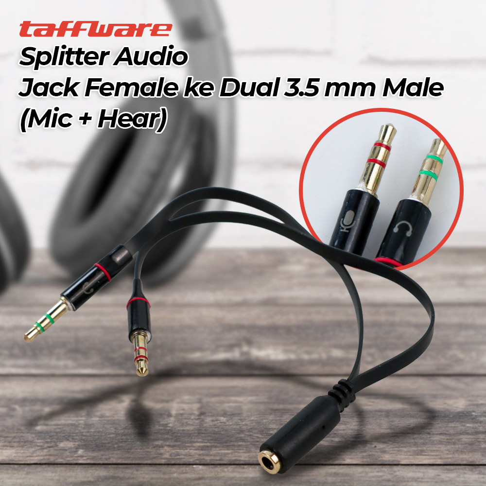 TAFFWARE SPLITTER AUDIO JACK FEMALE KE DUAL 3.5MM MALE (MIC+HEAR) L43 BLACK