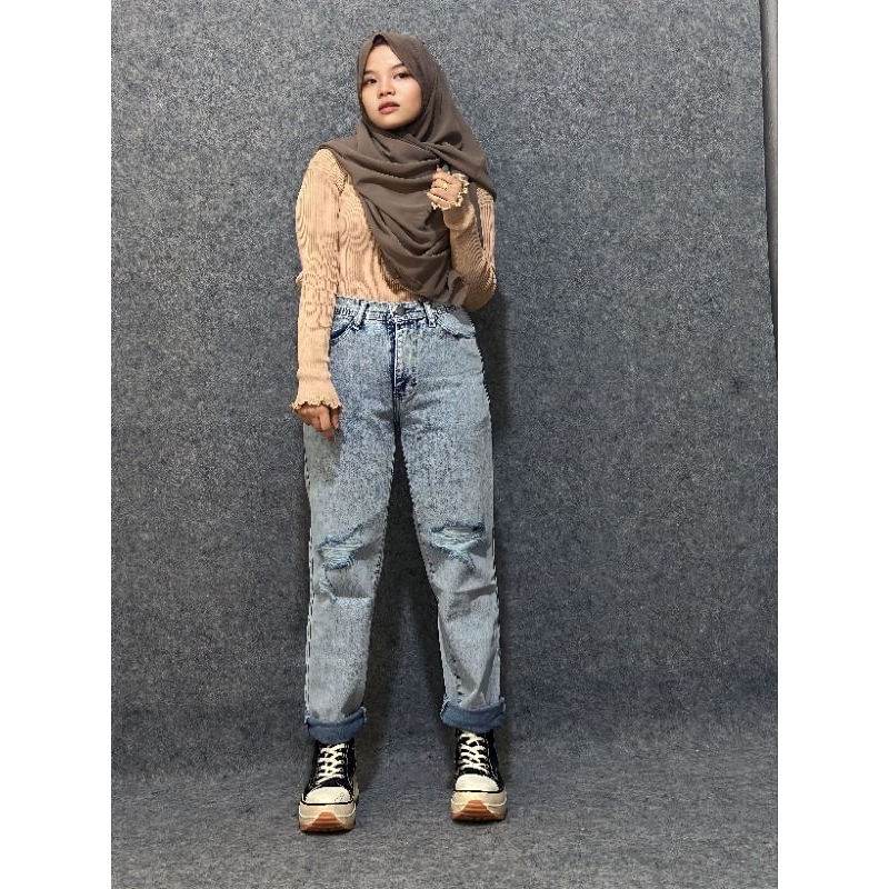 MCO-OOTD SZ 27-34 Celana jeans Boyfriend Sobek Lapis Stik Balik Bisa Dibuka