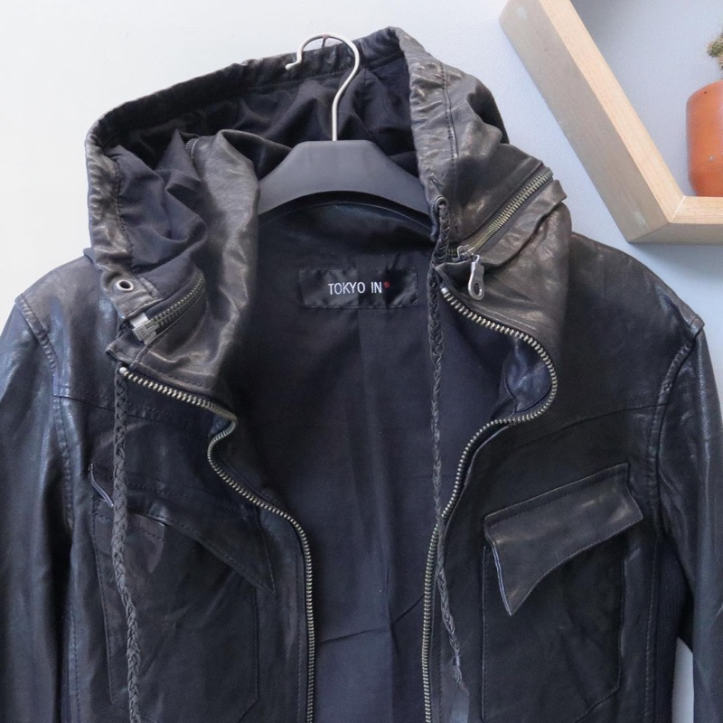 Jaket kulit asli hoodie hudi pl bekas preloved second