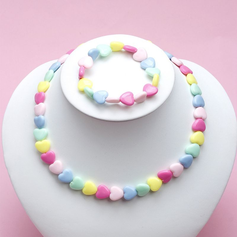 Kalung Gelang Set Anak Manik Hati Love Warna Pastel Lucu Cantik