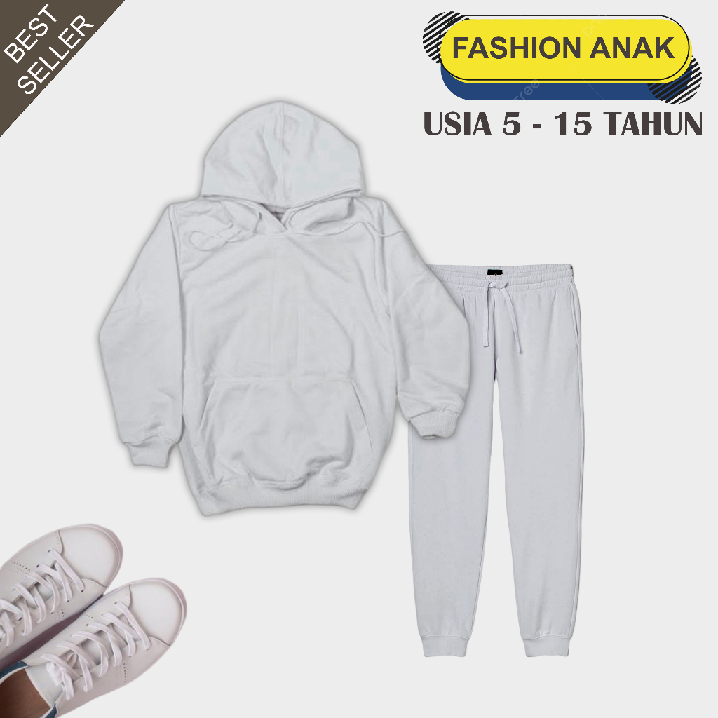 Setelan Hoodie Jogger Anak Polos Unisex Usia 5-15 Tahun Bahan Katun Terry Soft