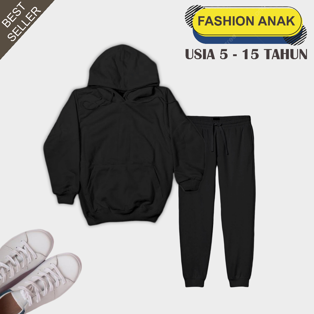 Setelan Hoodie Jogger Anak Polos Unisex Usia 5-15 Tahun Bahan Katun Terry Soft