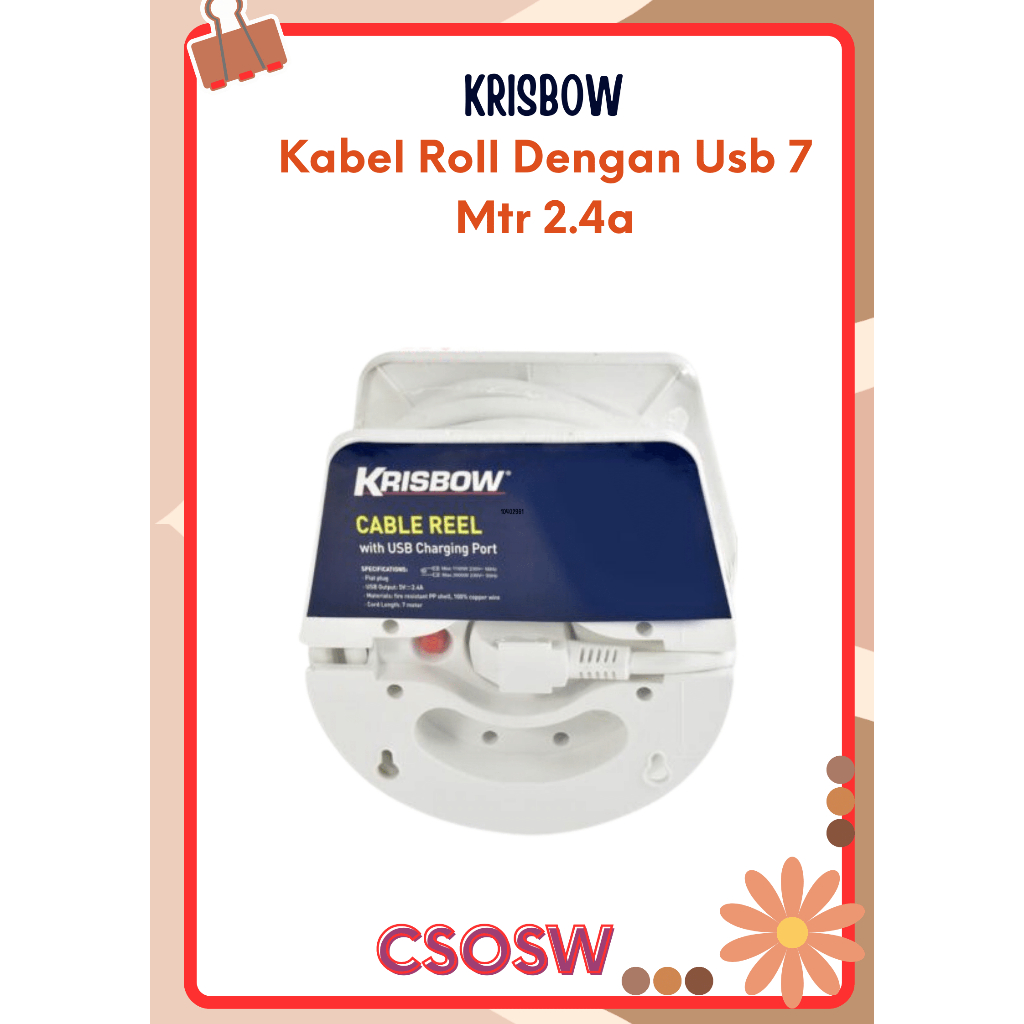 Krisbow Kabel Roll Dengan Usb 7 Mtr 2.4A Roll Cable Stop Kontak Kabel Gulung Peralatan Listrik