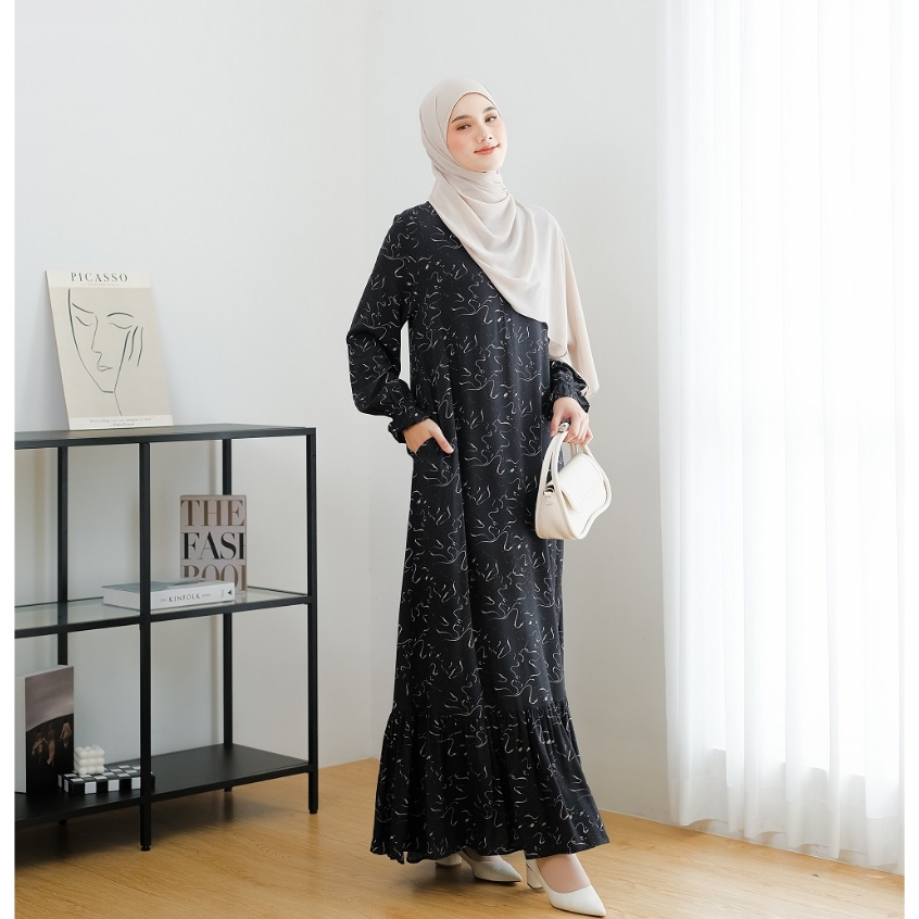 Le Khari Maharani Dress Bahan Rayon Viscose Gamis Homedress Busui Size S - XL-Maharani Jet Black