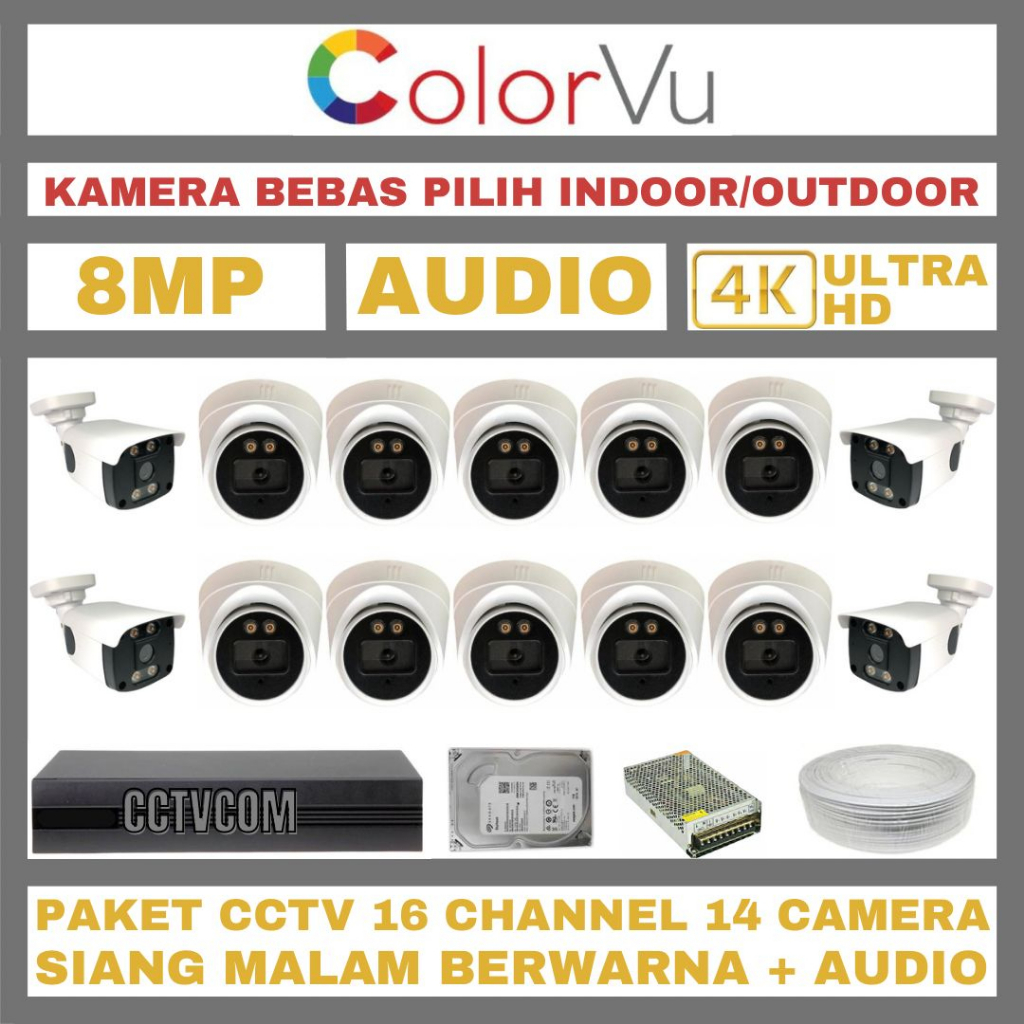 PAKET CCTV COLORVU 8MP 16 CHANNEL 14 KAMERA ULTRA HD 4K CAMERA AUDIO