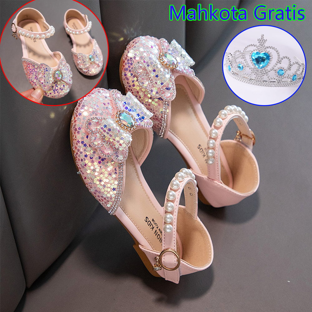 《Gratis Mahkota》 Baru Anak Perempuan Putri Flat Sepatu Anak-anak Payet Lembut Bawah Sepatu Sandal Pesta dengan Kotak Sepatu