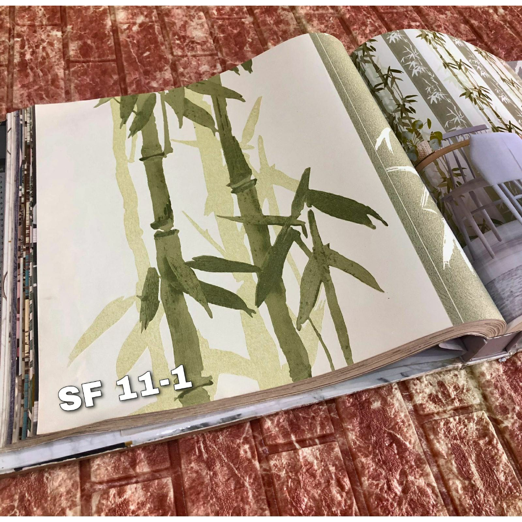 Wallpaper Dinding 3D Motif Pohon Bambu Dasar Putih Daun Hijau AbU Kuning Sf