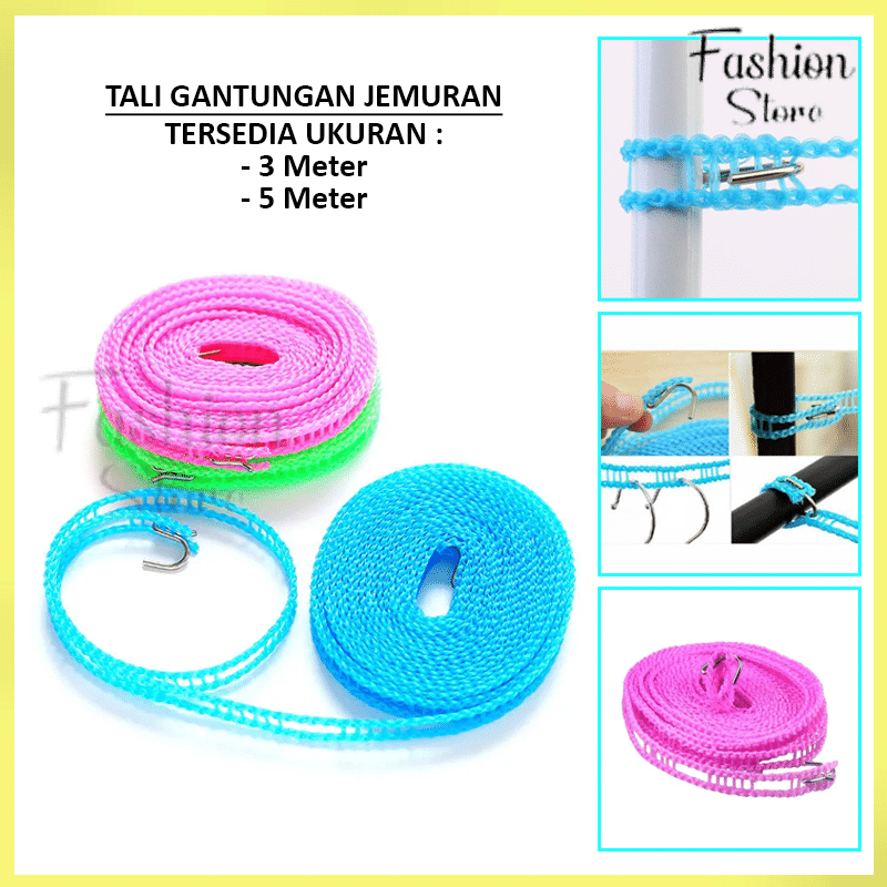 FS- TALI GANTUNGAN JEMURAN BAJU PORTABLE HOOK UKURAN 3METER DAN 5METER