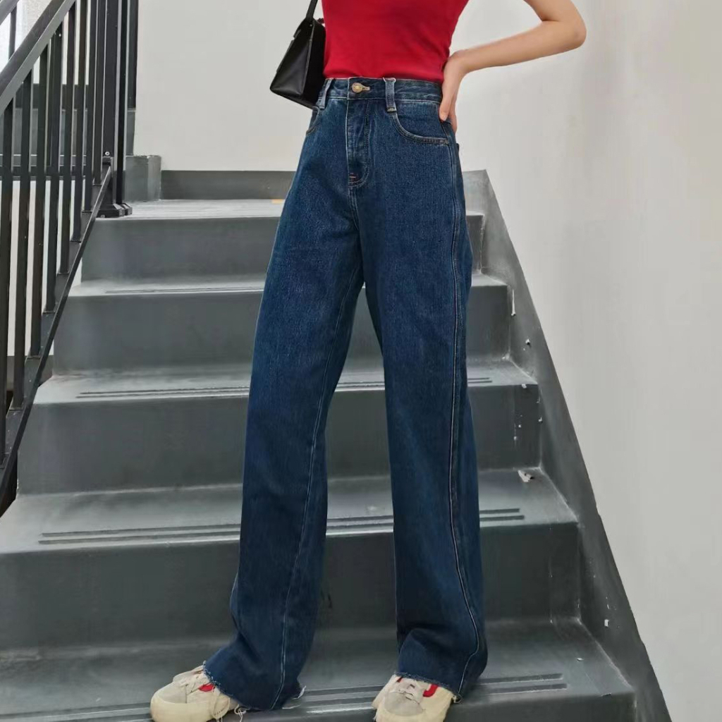 Biru Gelap Rawis Highwaist Lurus Loose Celana Jeans Panjang Wanita Korea Style