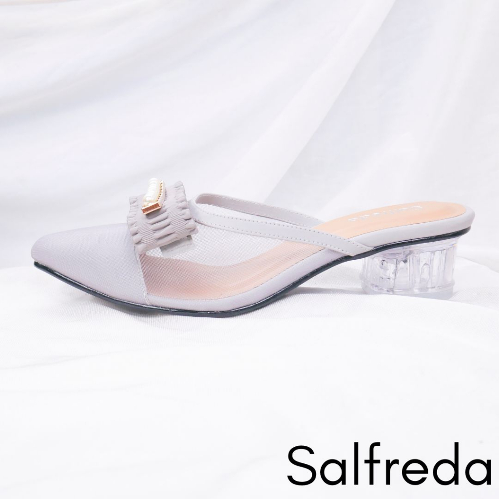 Sandal Sepatu Impor Korea Wanita Pesta Terbaru Kondangan Elegan Mewah Gray Abu Import Hak Heels 3 cm Kaca Pernikahan Wedding Kantoran RB70089