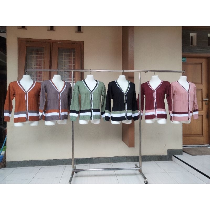 Cardigan Rajut Motif Salur/Atasan Wanita Kain Rajut Lengan Panjang.Cod Ok