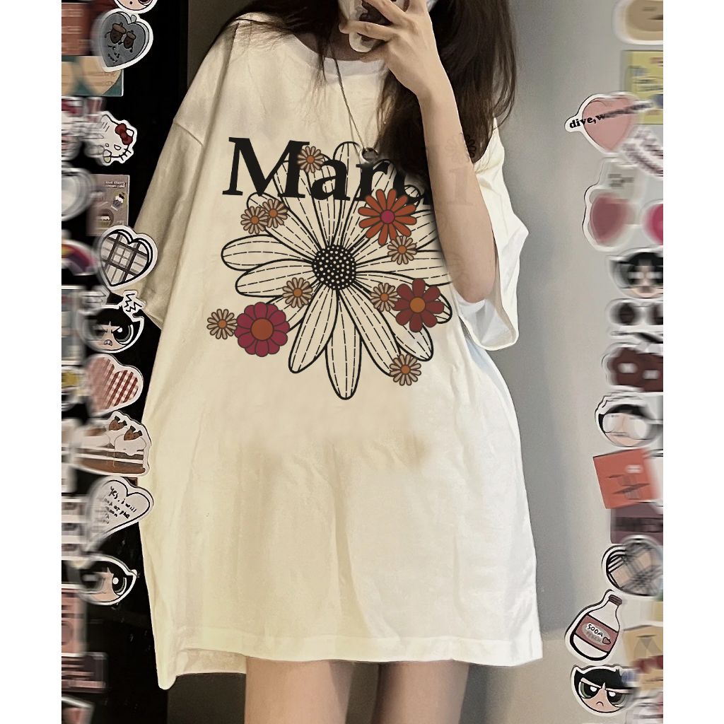 EUNII T-shirt Lengan Pendek Vintage Flowers Korean Style/Kaos Atasan Wanita/Baju Kaus Oversize Wanita/Kaos Wanita