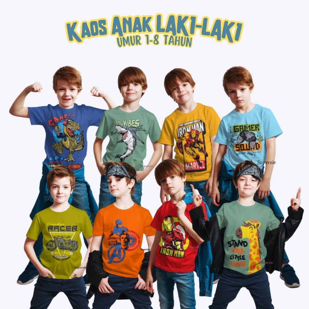 Kaos Distro Anak Laki Laki 1-8 tahun [S,M,L,XL] Atasan Cowok Superhero Spidermen Ironmen Distro AIRLANE threepoint