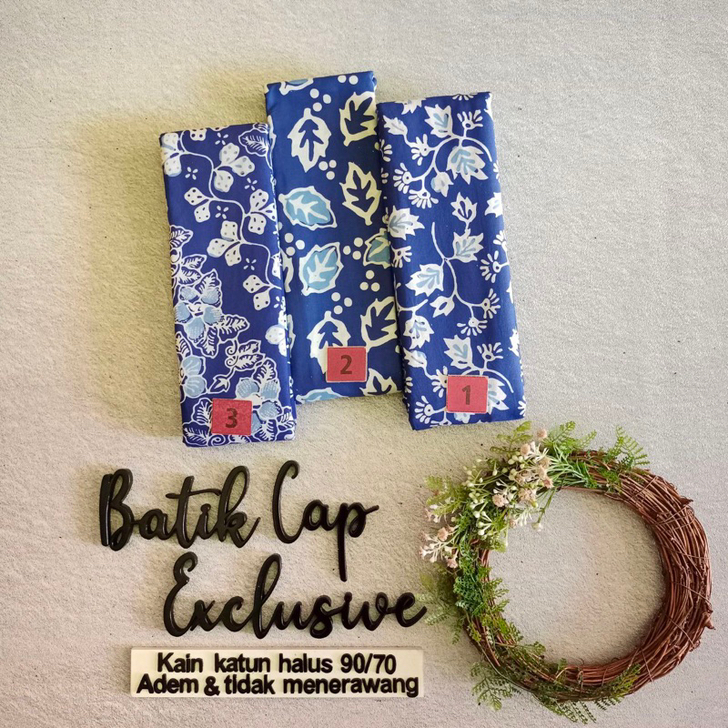 kain batik cap motif daun warna biru laut