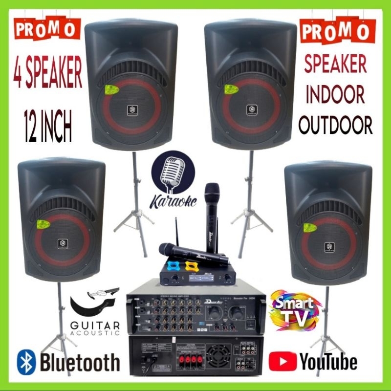Karaoke Set 4 Speaker Pasif 3R 12 Inch Indoor, Outdoor, 2 Mic Wireless
