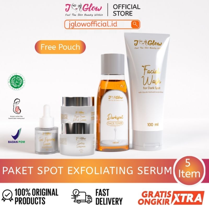 Skincare Jglow Paket Spot Exfoliating Serum Whitening / Rangkaian Skincare Glowing Untuk Perawatan Wajah Flek Hitam dan Noda Hitam Bekas Jerawat  Bpom