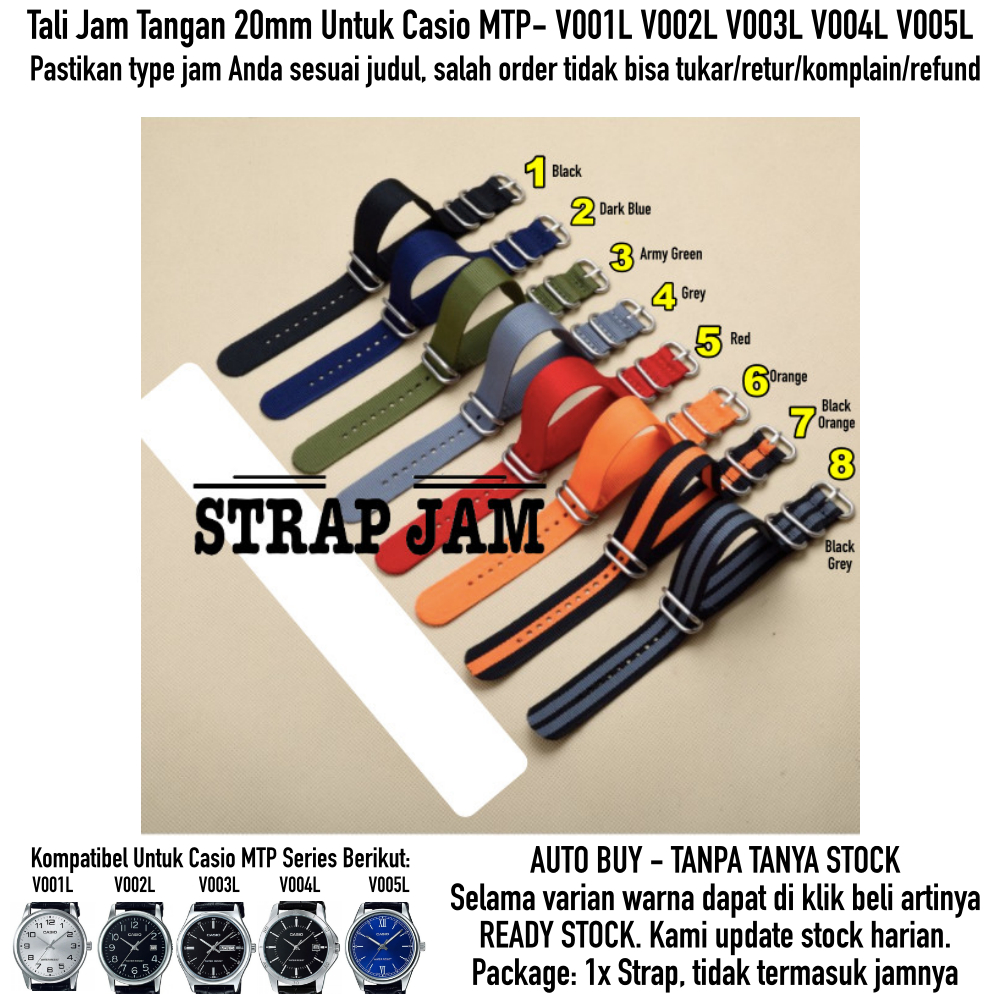 Zulu Nato Strap 20mm Casio MTP- V001L V002L V003L V004L V005L Nylon Kanvas Silver Metal Buckle - Tali Jam Tangan