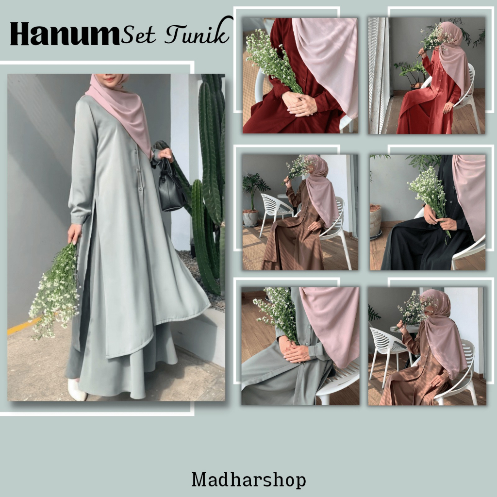 One Set + Rok Tunik HANUM Busui Wanita Muslim Jumbo Bahan Itty Creepe Terbaru Size M L XL XXL / Setelan Wanita Remaja Full Kancing Depan Aktif Polos Beraneka Warna