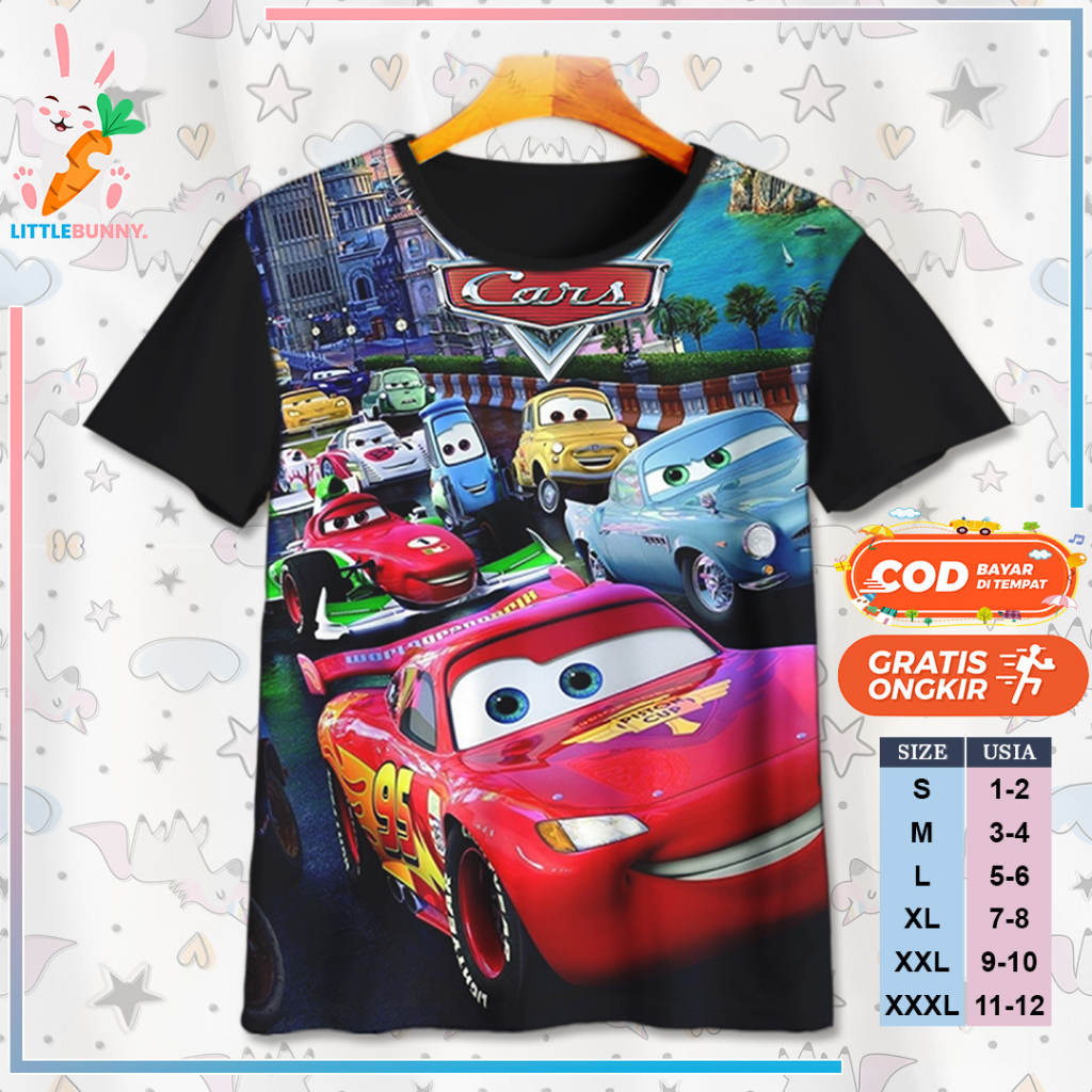 BAJU KAOS ANAK KARTUN 3D DISNEY CARS MCQUEEN V13 / KAOS ANAK 3D CARS MCQUEEN - LITTLE BUNNY