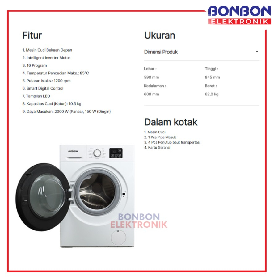 Modena Mesin Cuci Front Loading 10.5 kg WF 1030 VDWH / WF1030VDWH