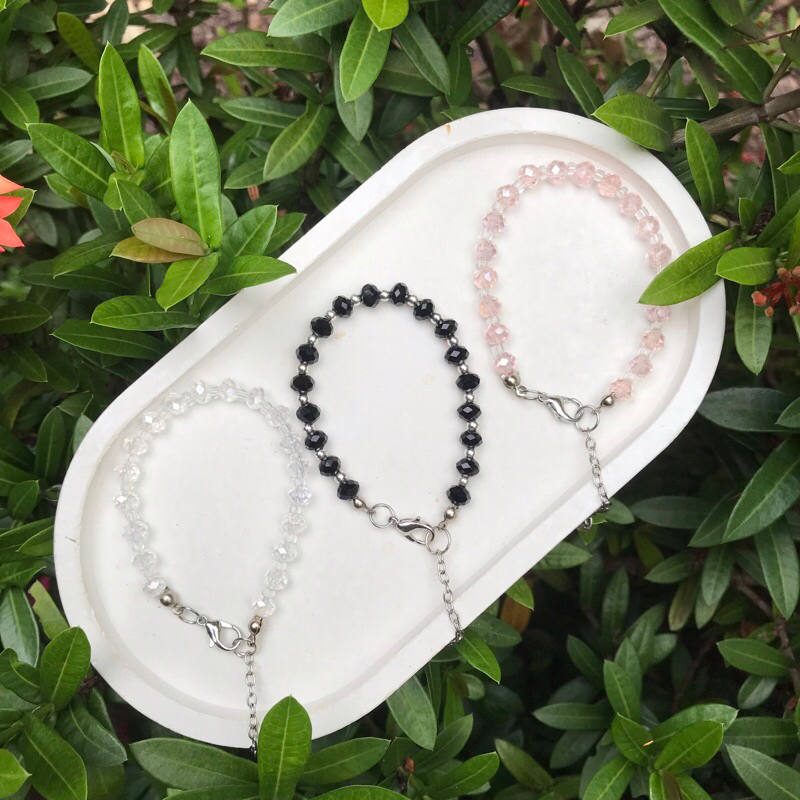 gelang manik kristal bening/hitam/pink