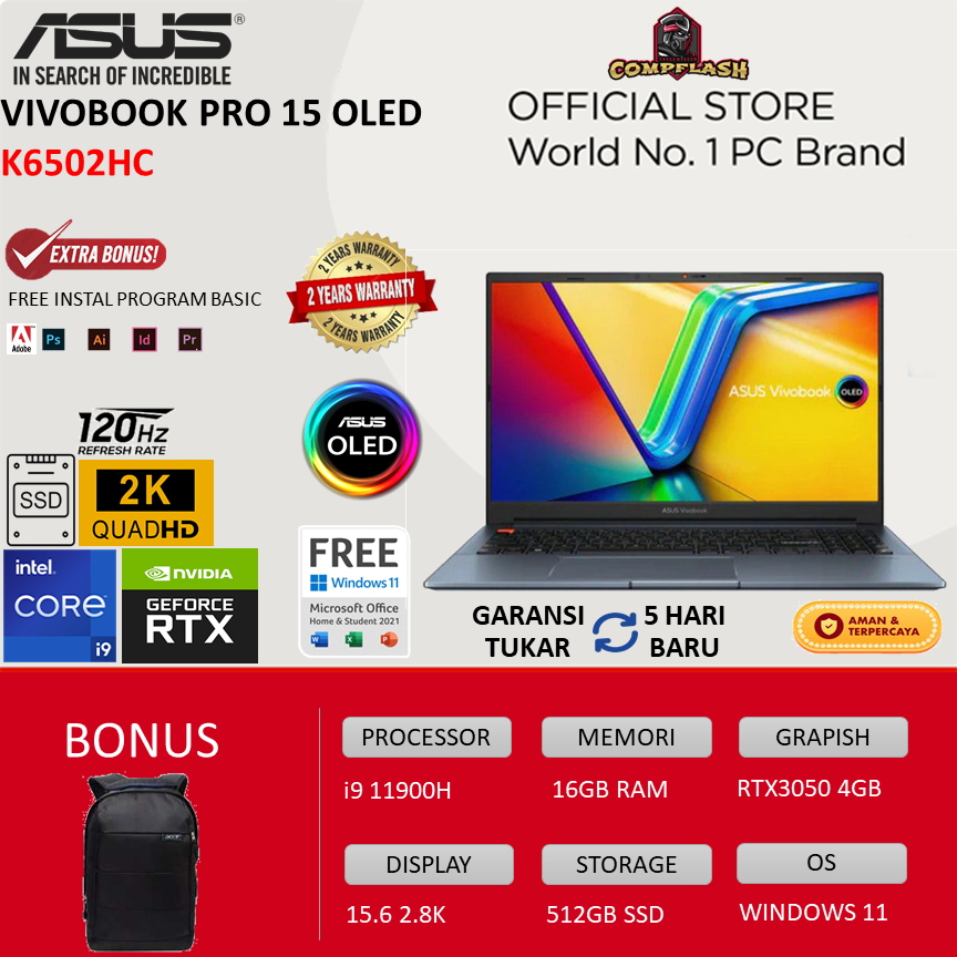 LAPTOP ASUS VIVOBOOK PRO 15 OLED K6502HC - i9 11900H 16GB 512SSD RTX3050 WINDOWS 11 15.6 2.8K 120HZ