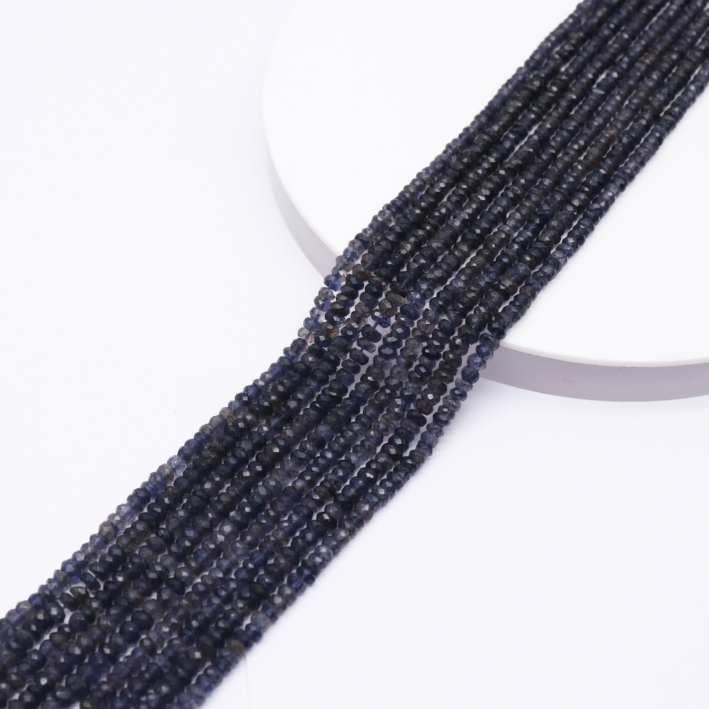 MANIK MANIK BATU NATURA; IOLITE 4mm BENTUK ROUNDELL BAHAN UNTUK GELANG DAN KALUNG | MANIK BATU IOLIT