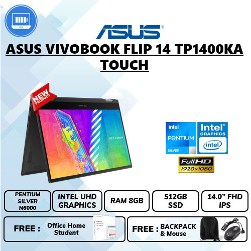 Laptop Asus vivobook flip 14 tp1400ka intel pentium silver n6000u Ram 8gb Ssd 512gb 14&quot; FHD