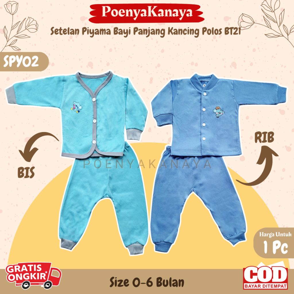 Setelan Baju Bayi Piyama Bayi PANJANG KANCING POLOS BT21 0-6 Bulan SPY02