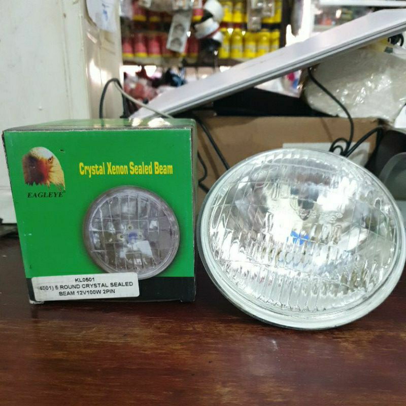 Lampu Tembak Sorot Bulat Bening Crystal Xenon Sealed Beam 12V Kaki 2 100W 5 ROUND EAGLEYE 4001