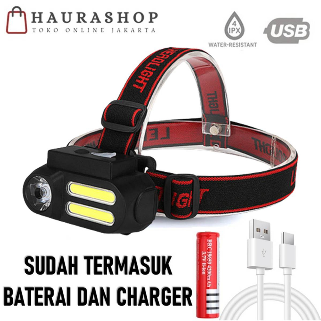 Senter Kepala Headlamp Outdoor LED XPE+2xCOB Cool White